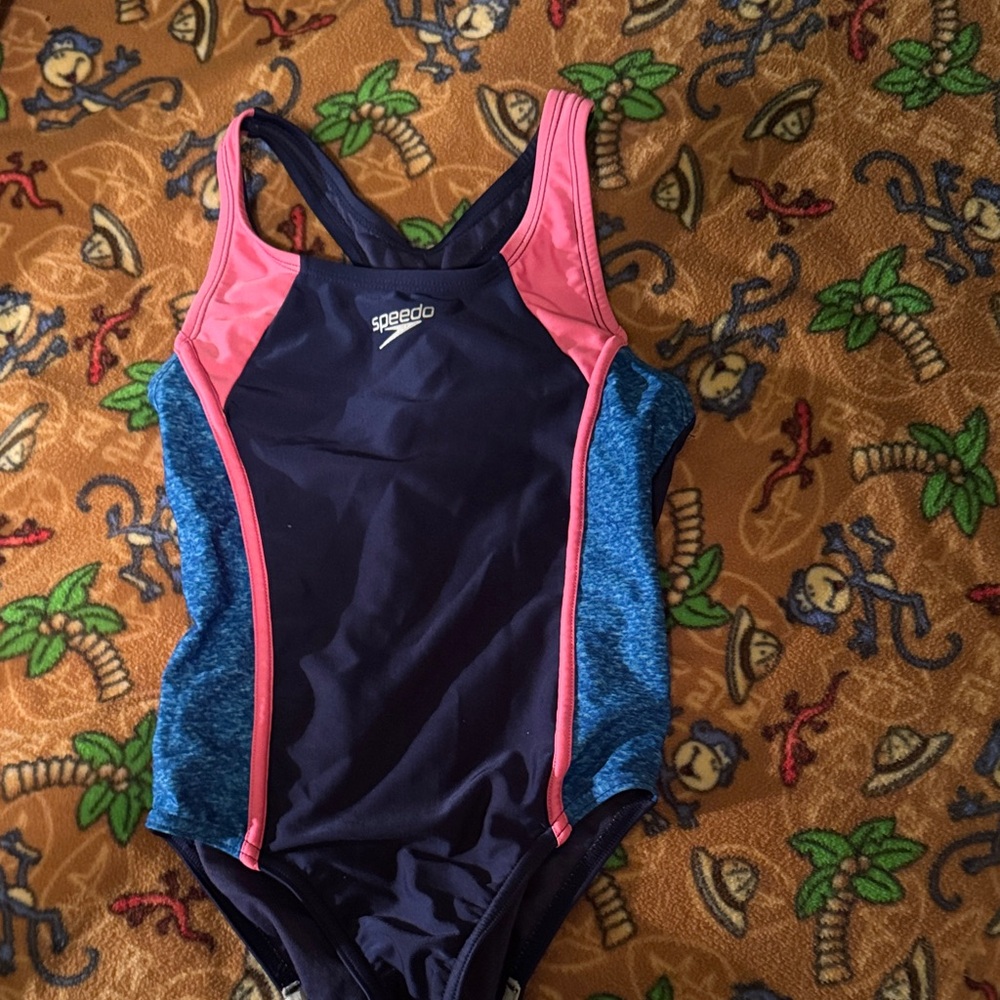 Speedo Navy One-Piece Swimsuit with Pink Trim and Blue Side Panels
